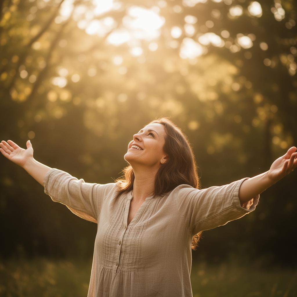 Woman in worship with arms open outdoors